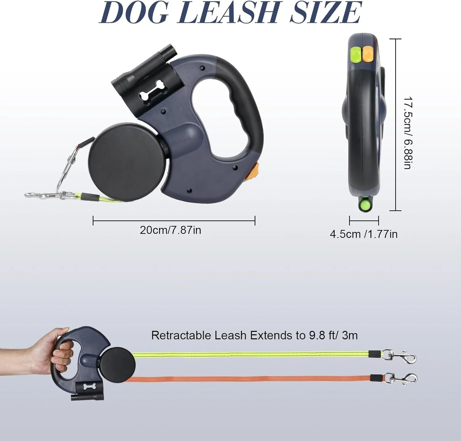 Dual Retractable Dog Leash – 360° Tangle-Free Swivel, Reflective Nylon, Built-in LED Night Light & Waste Bag Holder, 10ft for Two Dogs (Up to 110 lbs Each)