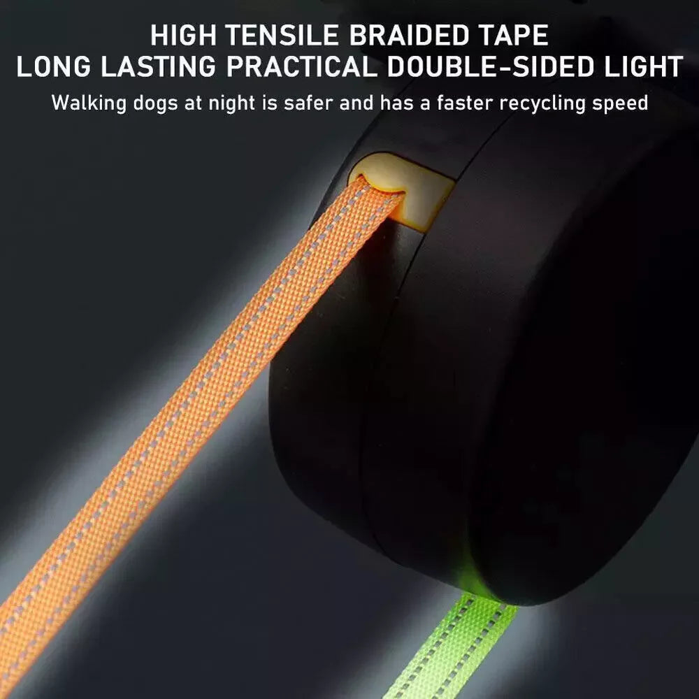 Dual Retractable Dog Leash – 360° Tangle-Free Swivel, Reflective Nylon, Built-in LED Night Light & Waste Bag Holder, 10ft for Two Dogs (Up to 110 lbs Each)