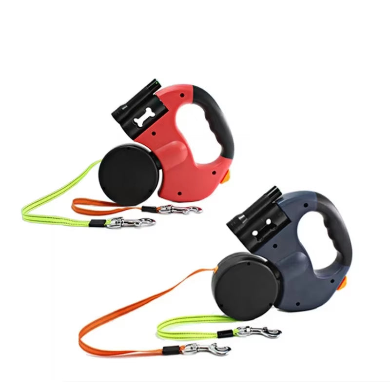 Dual-Dog LED Retractable Leash with Waste Bag Holder – Tangle-Free Design for Two Dogs