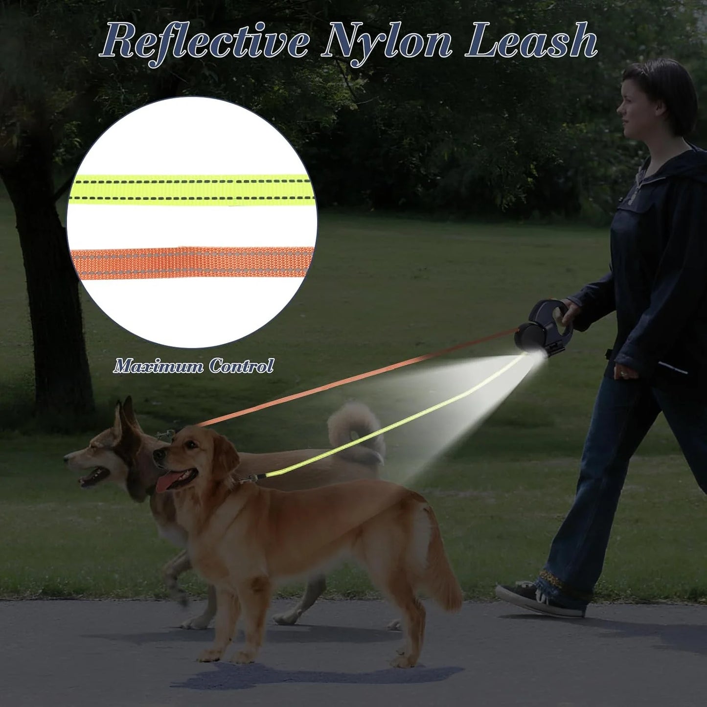 Dual Retractable Dog Leash – 360° Tangle-Free Swivel, Reflective Nylon, Built-in LED Night Light & Waste Bag Holder, 10ft for Two Dogs (Up to 110 lbs Each)