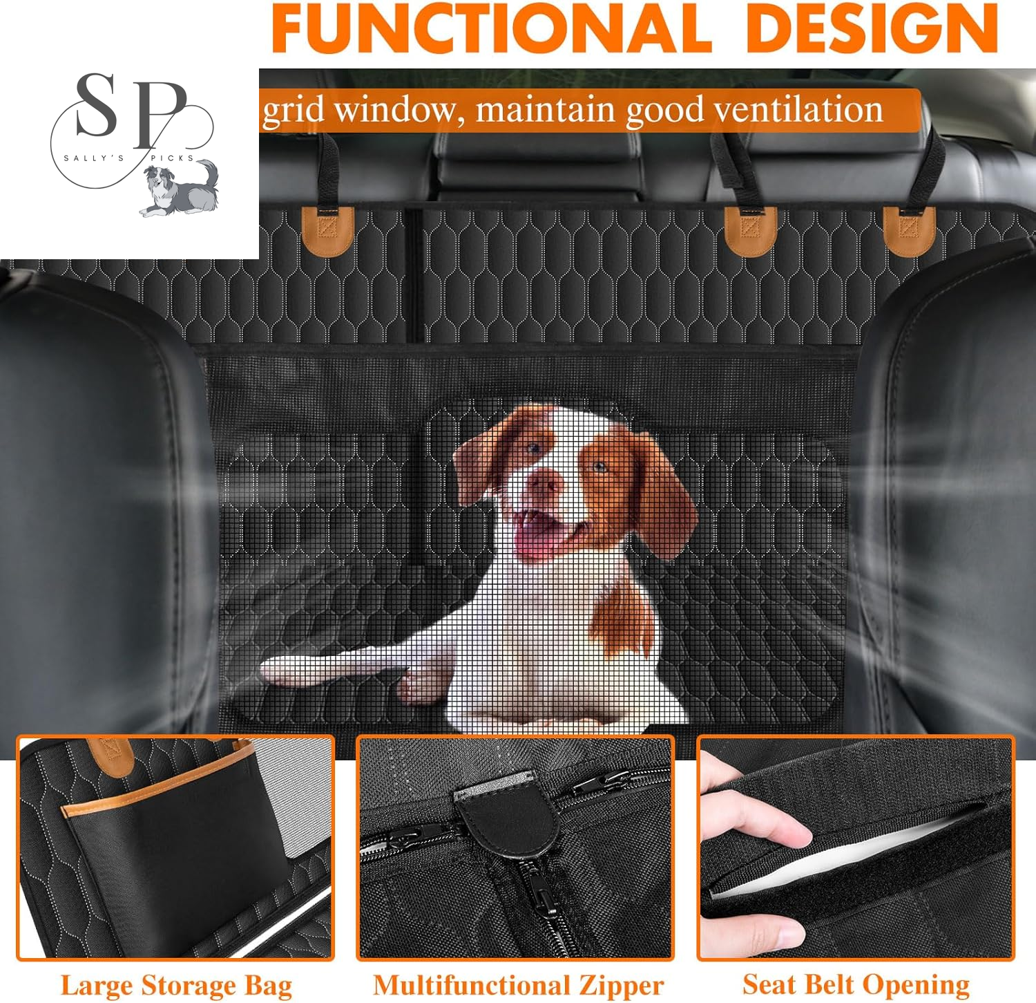 Dog Car Seat Cover Hammock – Waterproof, Scratch-Proof & Nonslip Back Seat Protector with Mesh Window, Storage Pockets & Side Flaps – Fits Cars, SUVs & Trucks (Black/Orange)