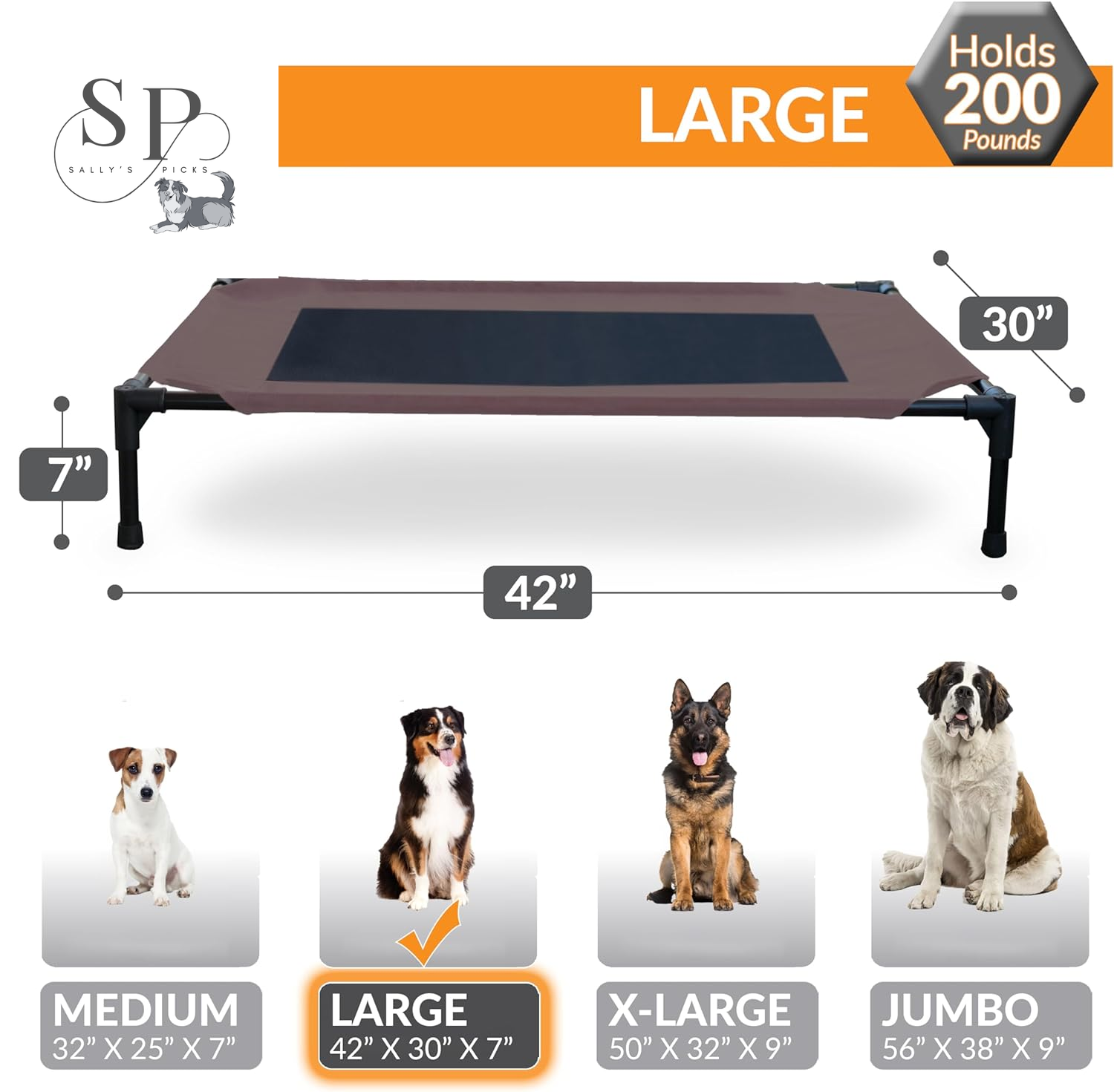 Elevated Dog Cot - Outdoor – Breathable Mesh Cooling Bed, Portable Raised Hammock Pet Cot with Washable Cover & Sturdy Metal Frame – Large 42" x 30", Chocolate