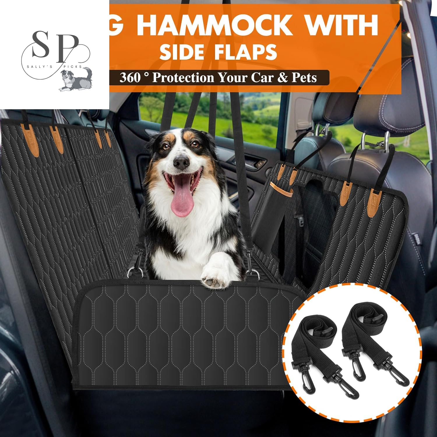 Dog Car Seat Cover Hammock – Waterproof, Scratch-Proof & Nonslip Back Seat Protector with Mesh Window, Storage Pockets & Side Flaps – Fits Cars, SUVs & Trucks (Black/Orange)