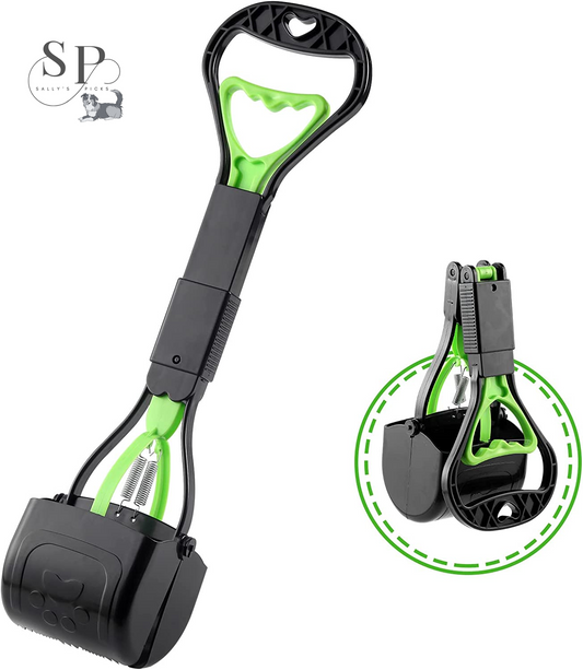 Pooper Scooper for Dogs – 17.7" Long Handle, One-Handed Pet Waste Picker, Portable & Foldable Poop Scoop for Grass, Dirt, Gravel (Green)