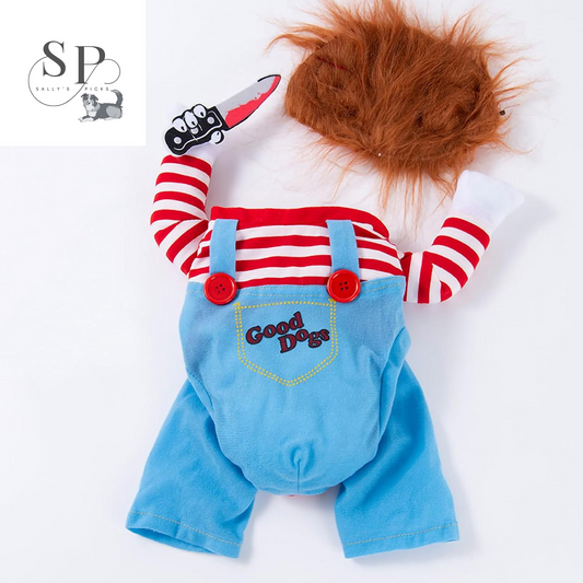 Pet Deadly Doll Costume with Knife & Wig – Funny Scary Halloween Outfit for Dogs & Cats, Small to Large Pets