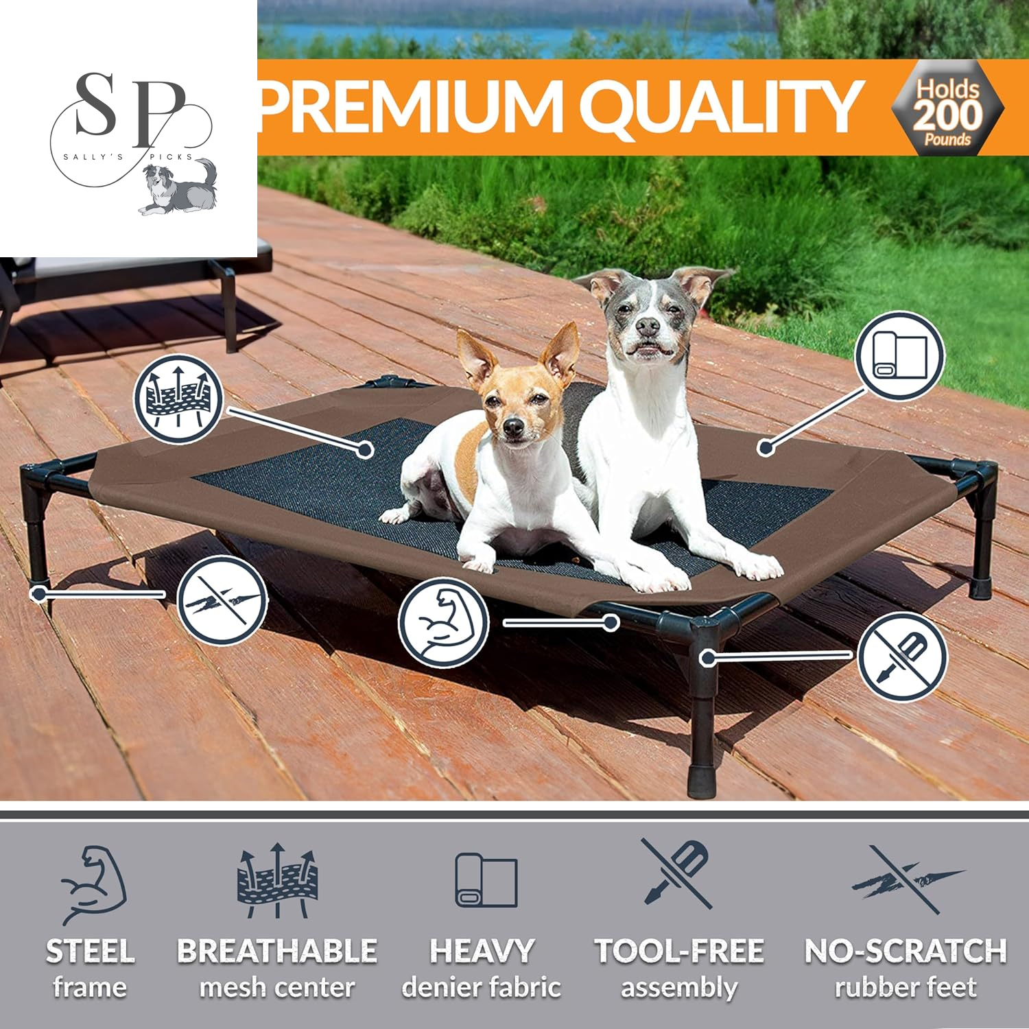 Elevated Dog Cot - Outdoor – Breathable Mesh Cooling Bed, Portable Raised Hammock Pet Cot with Washable Cover & Sturdy Metal Frame – Large 42" x 30", Chocolate